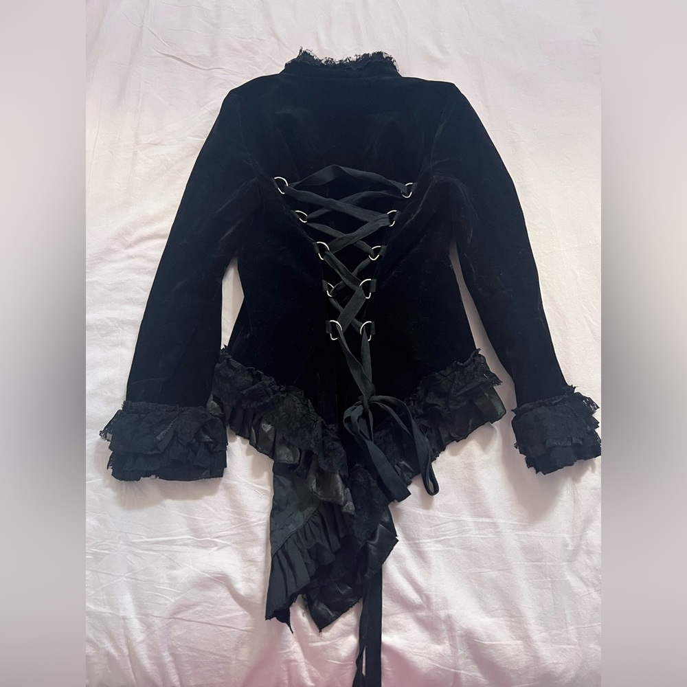 Black Velvet Victorian Jacket with Ruffle Details - Picture 4 of 7